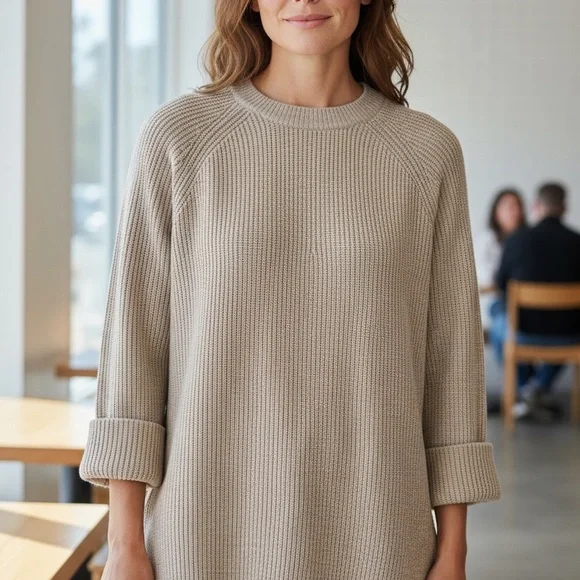 Women's Beige Crew Neck Sweater - Picture 2 of 7